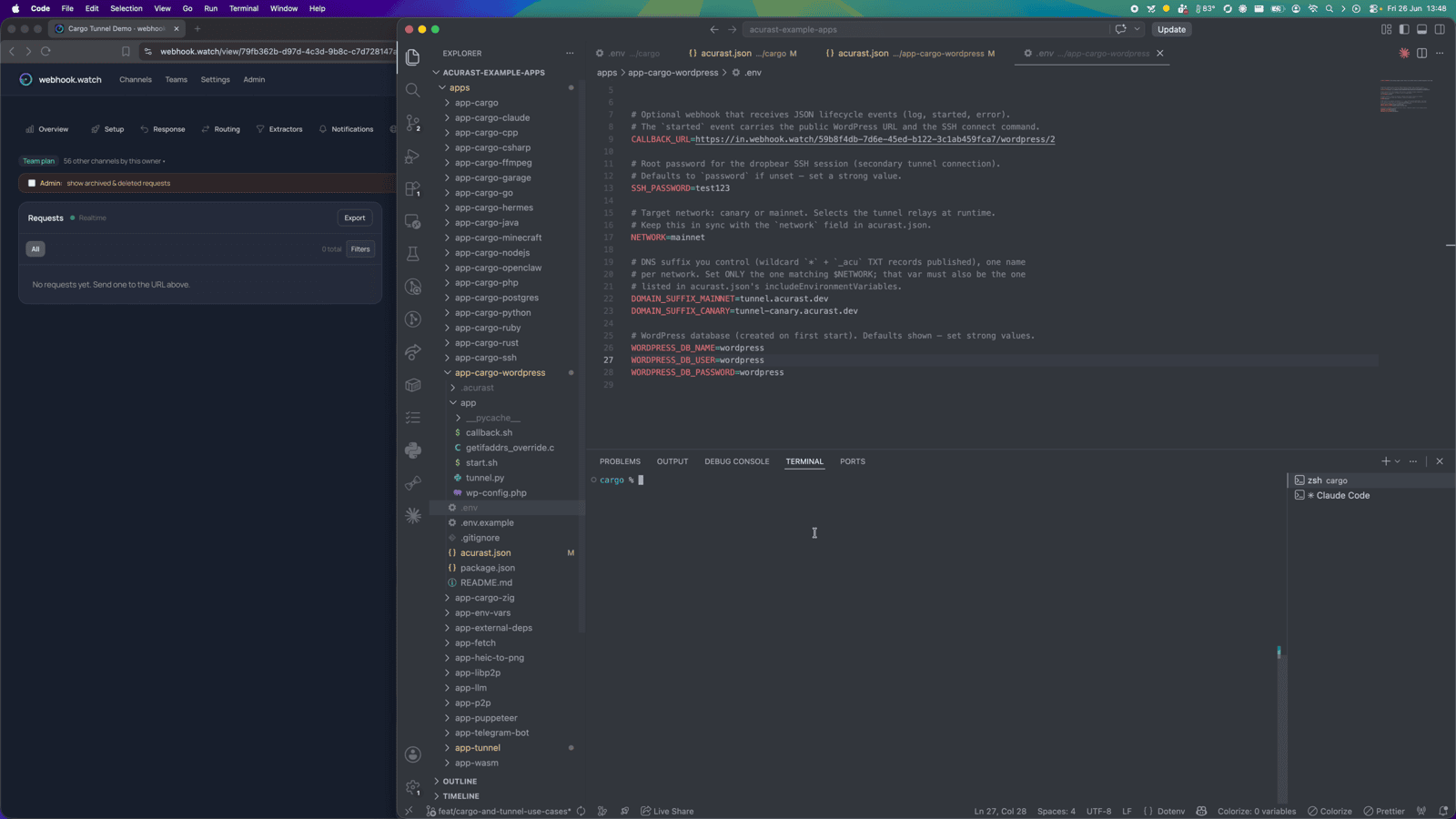 Editing the .env: WORDPRESS_DB_* credentials, SSH_PASSWORD, CALLBACK_URL (webhook.watch)