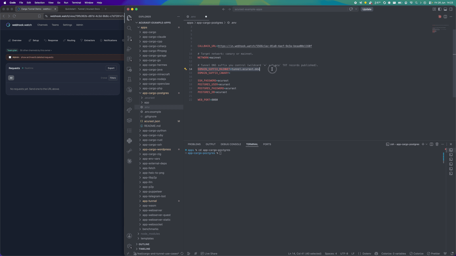 Editing the .env: POSTGRES_* credentials, SSH_PASSWORD, CALLBACK_URL (webhook.watch)