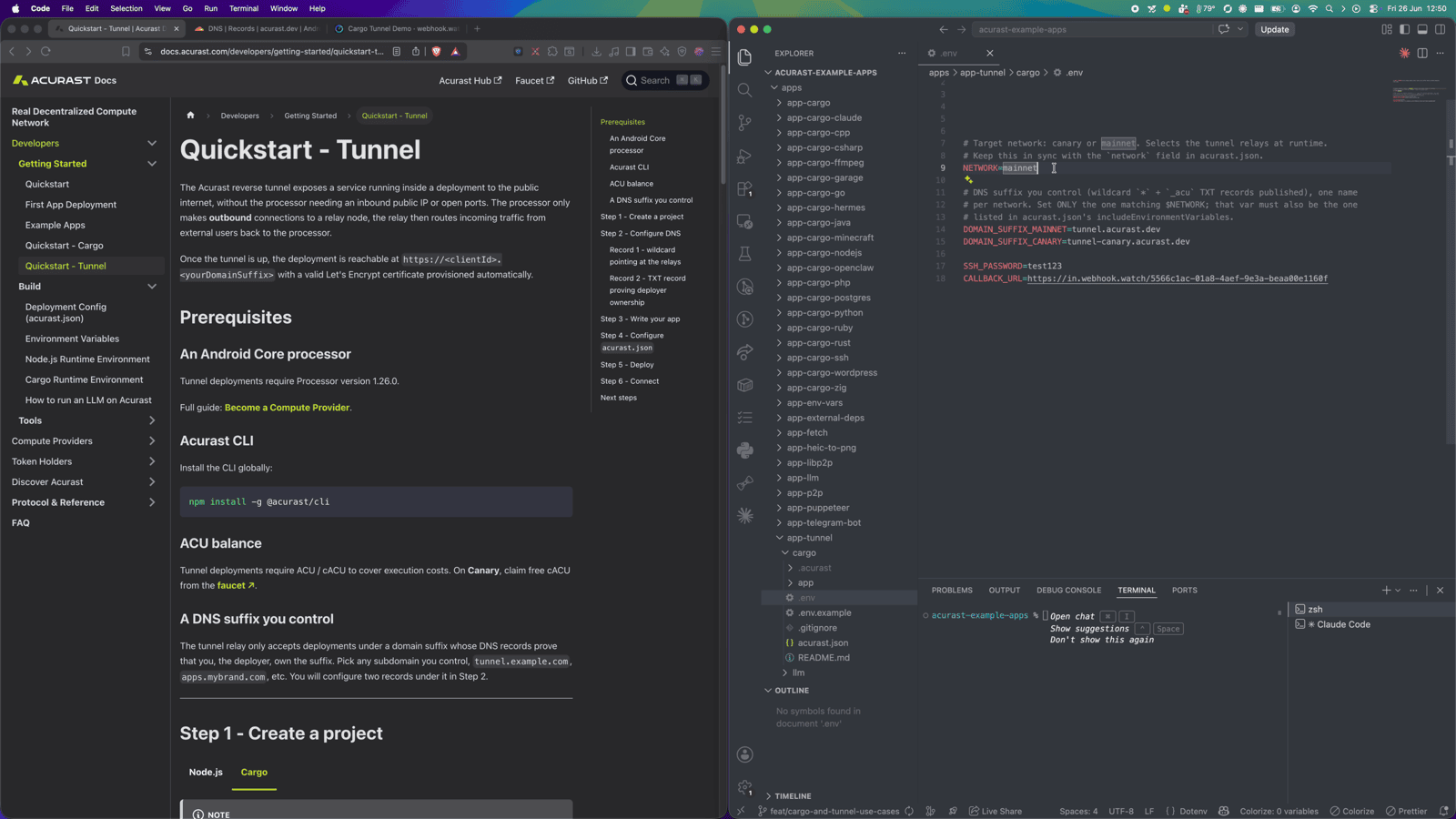 Editing the .env file — SSH_PASSWORD, CALLBACK_URL (webhook.watch), NETWORK and the domain suffix