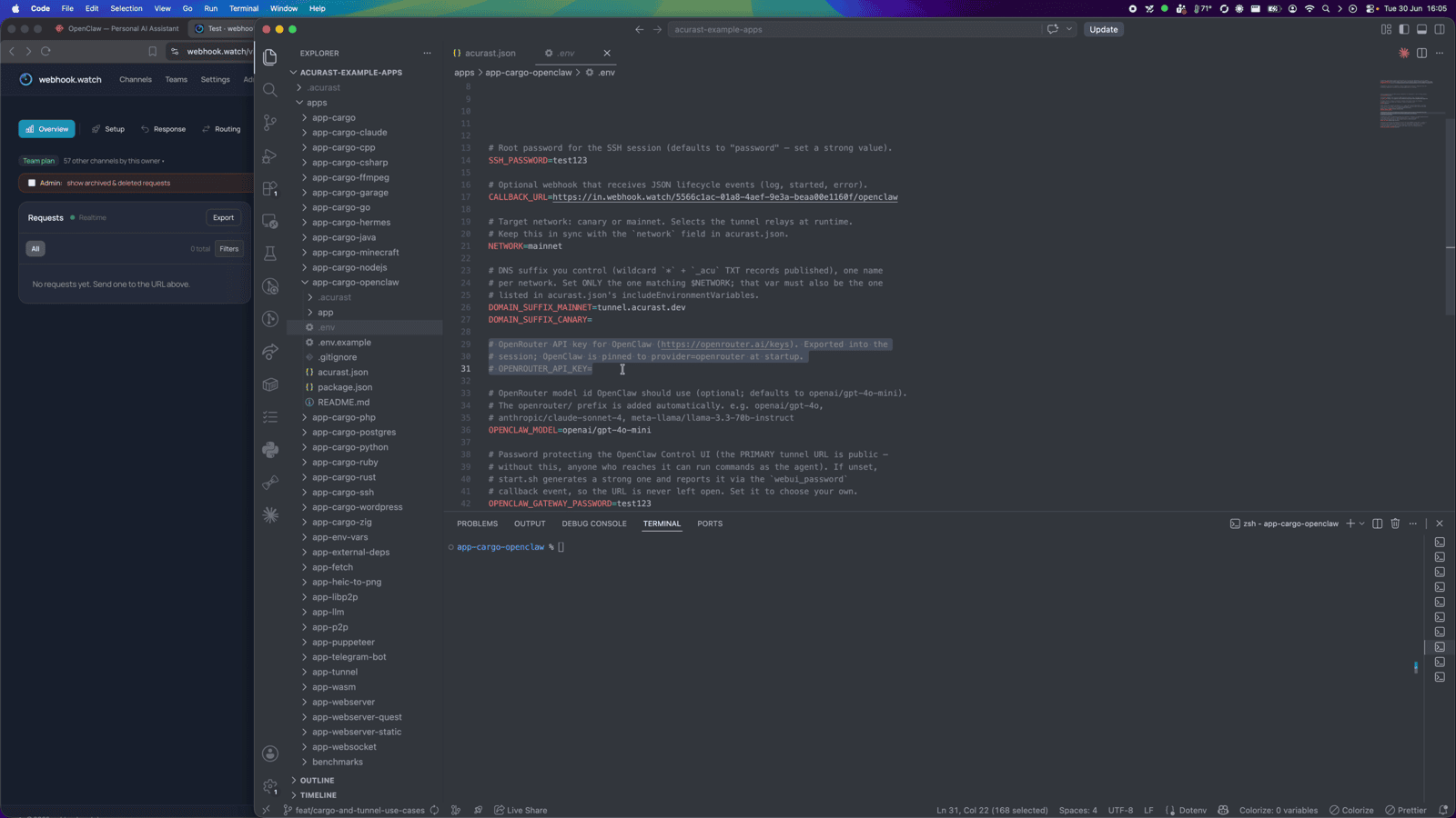 Editing the .env: OPENROUTER_API_KEY, OPENCLAW_MODEL, OPENCLAW_GATEWAY_PASSWORD, SSH_PASSWORD