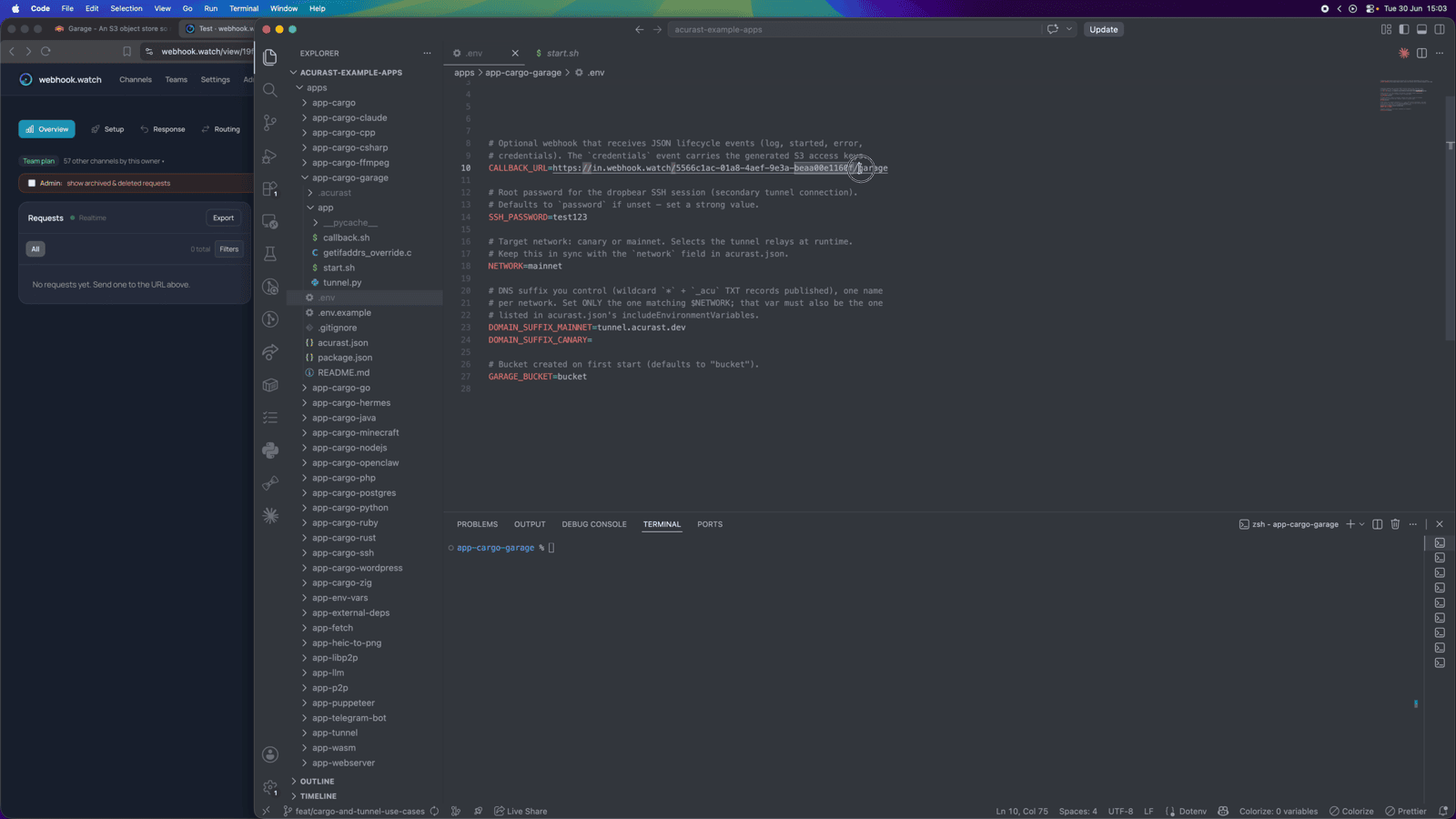 Editing the .env: GARAGE_BUCKET, SSH_PASSWORD, CALLBACK_URL (webhook.watch), domain suffix