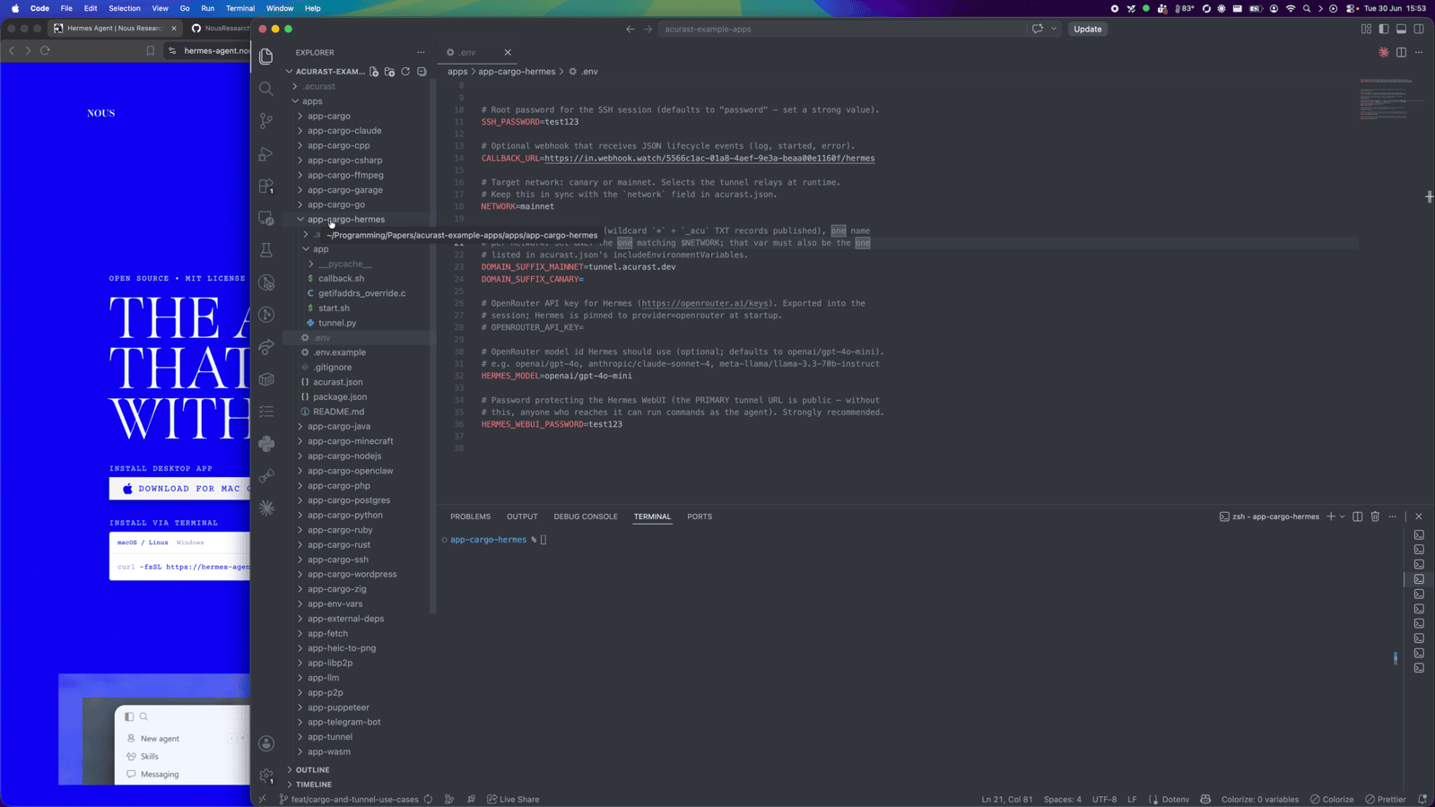 Editing the .env: OPENROUTER_API_KEY, HERMES_MODEL, HERMES_WEBUI_PASSWORD, SSH_PASSWORD