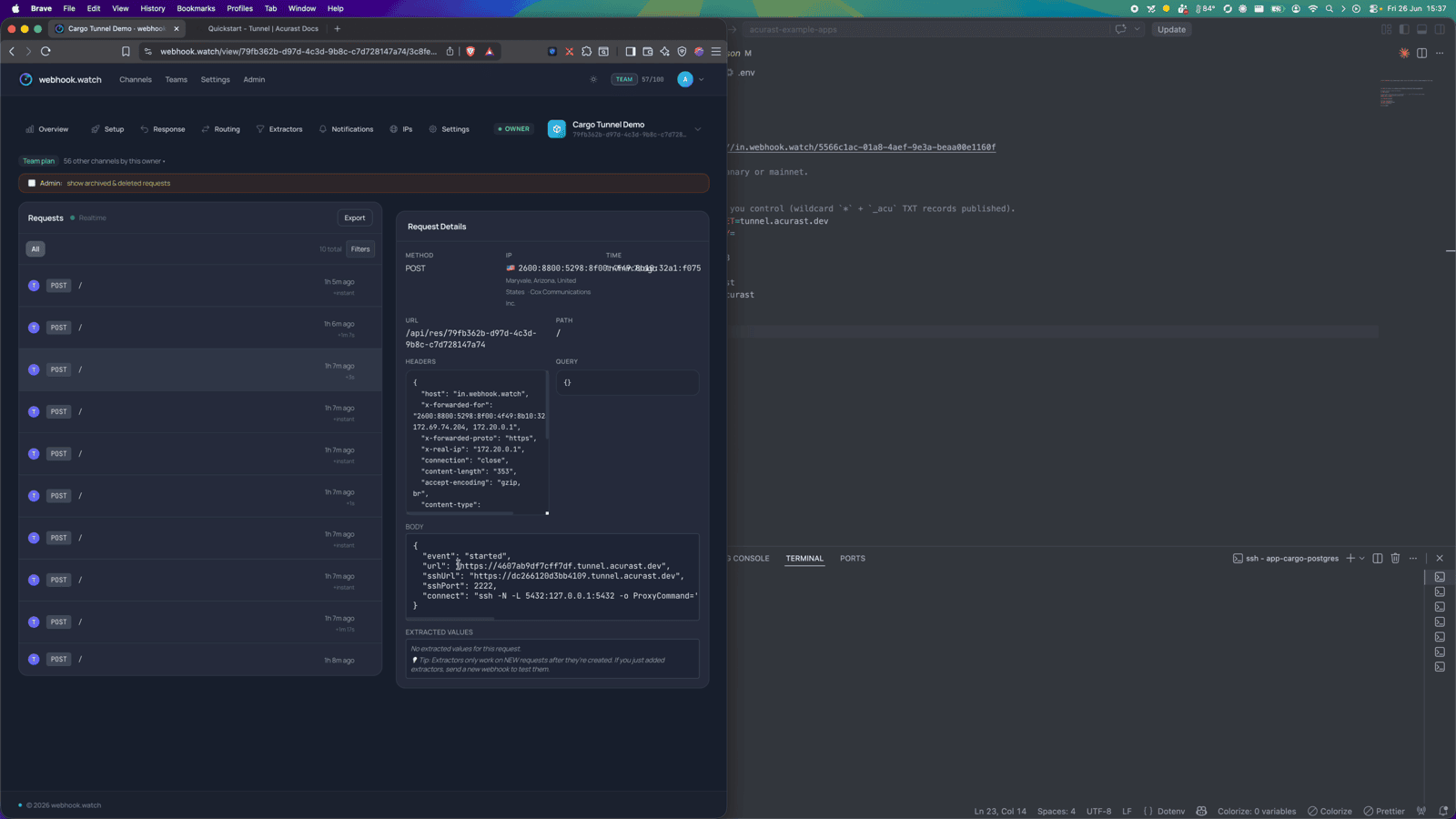 The started/credentials event in webhook.watch, with the SSH connect command