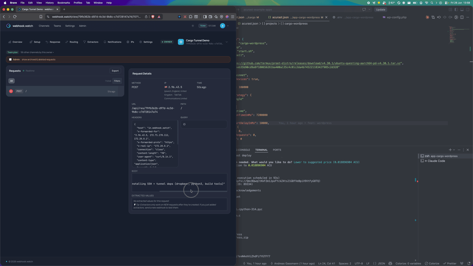 webhook.watch showing an install `log` event (Phase 1: installing SSH + tunnel deps)