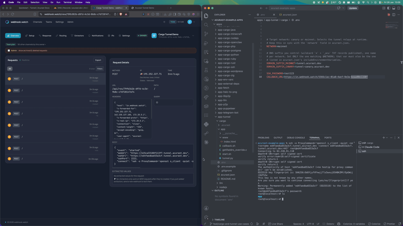 webhook.watch receiving the lifecycle events, ending with the `started` event and the tunnel URL