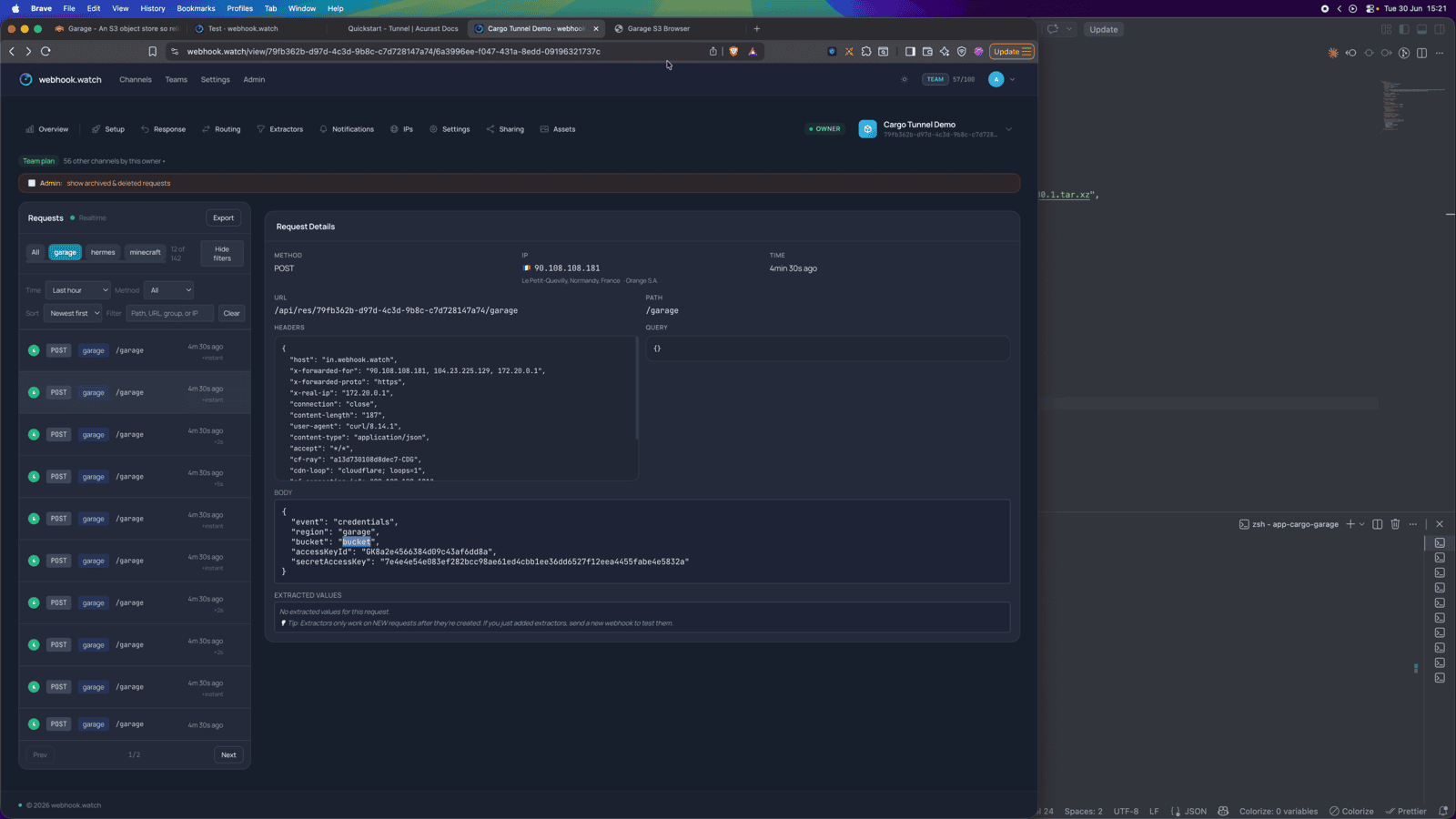 The `credentials` event in webhook.watch — region "garage", bucket, and S3 keys