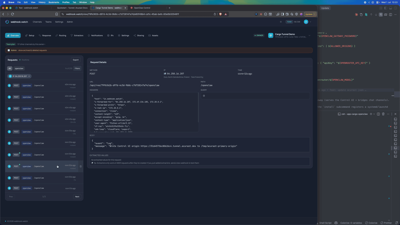 webhook.watch showing the OpenClaw install phases