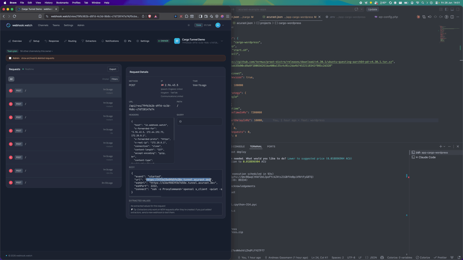 The `started` event: WordPress reverse tunnel is up, public URL delivered