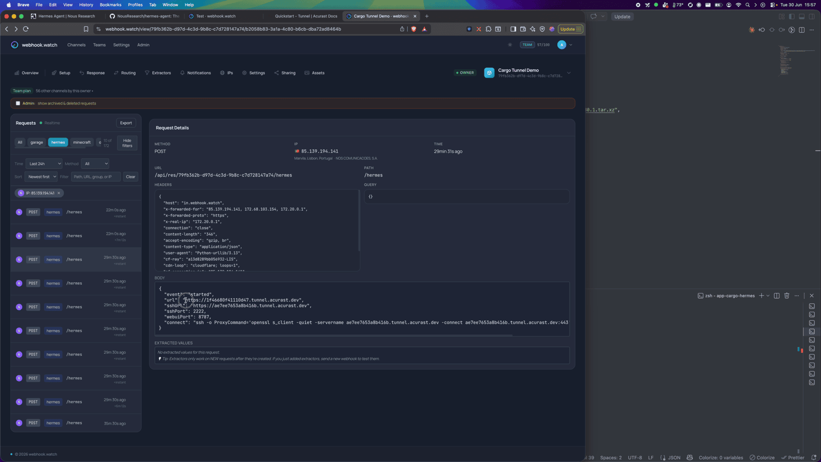 The started event in webhook.watch — Hermes tunnel is up
