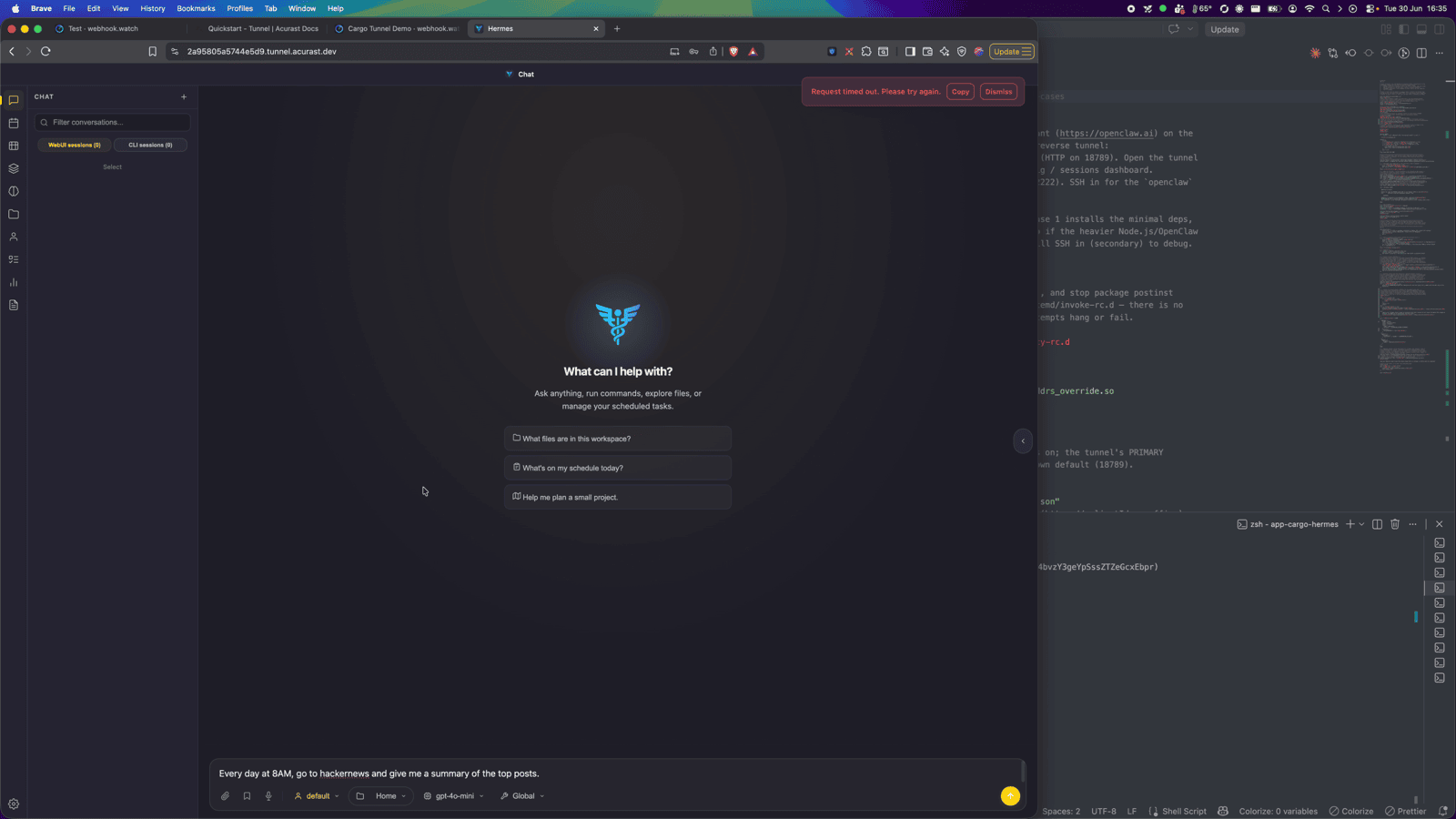 The Hermes WebUI chat, running on the processor