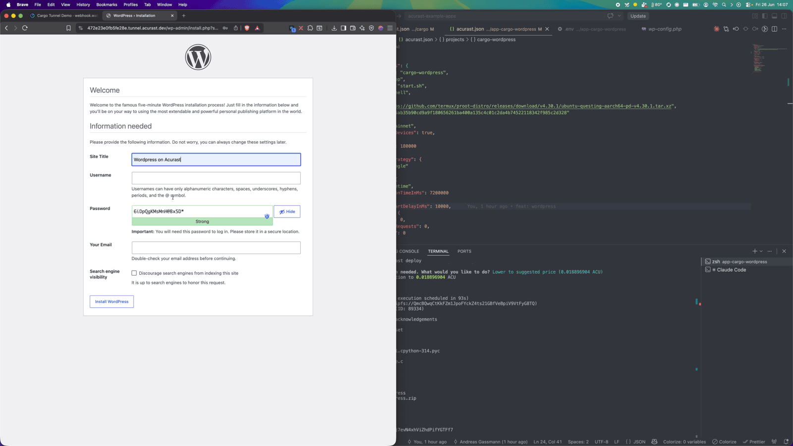 The WordPress install wizard in the browser