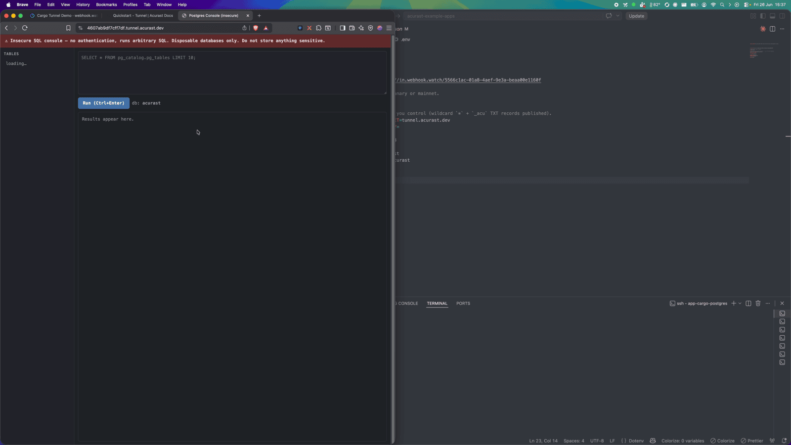 The browser SQL console freshly opened, with the insecure-mode banner