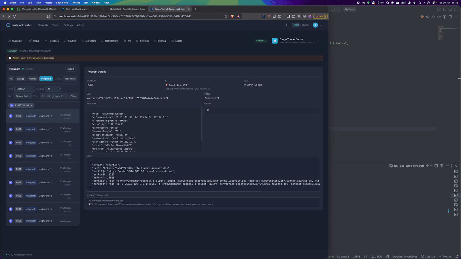The started event / SSH local-forward that carries the game port
