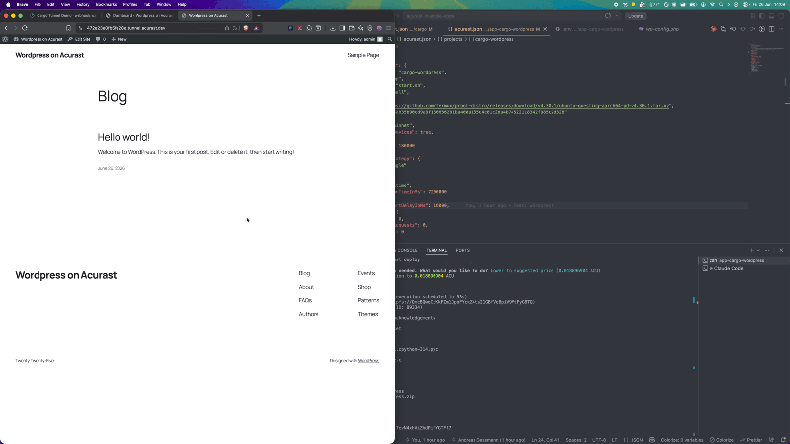 The live WordPress site — "Hello world!"