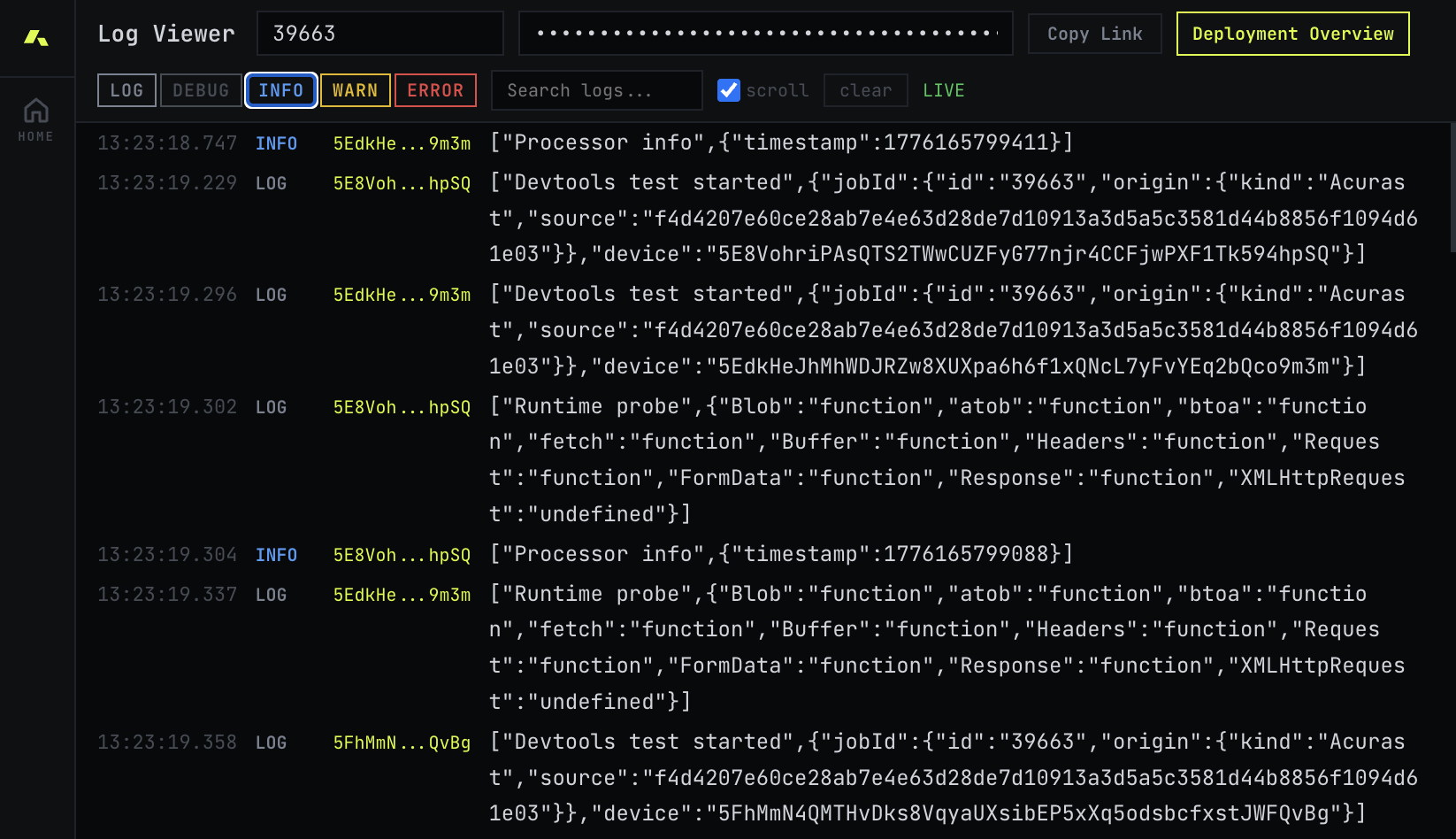 DevTools log viewer with live processor output