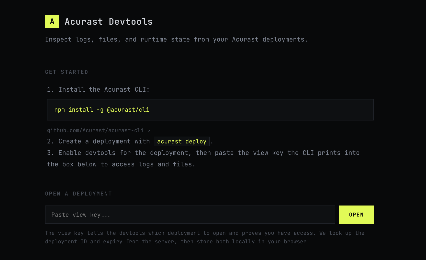 DevTools start page — paste your view key to open a deployment