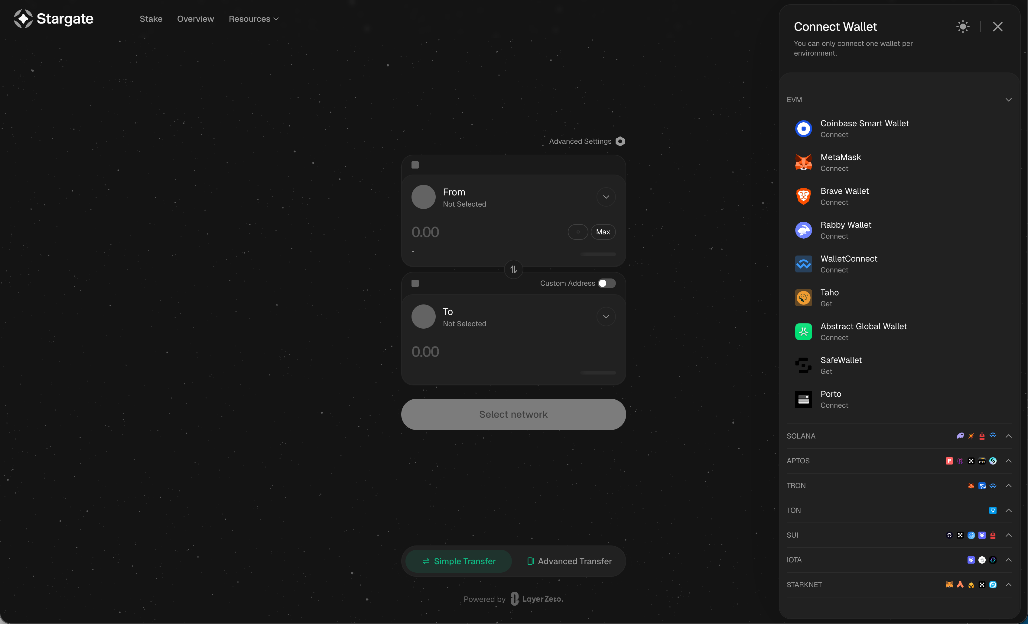 Stargate connect wallet panel listing EVM wallets