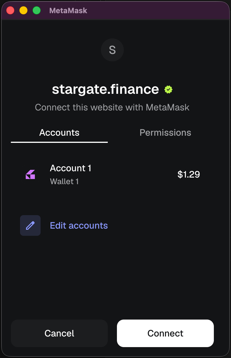 MetaMask connect prompt for stargate.finance