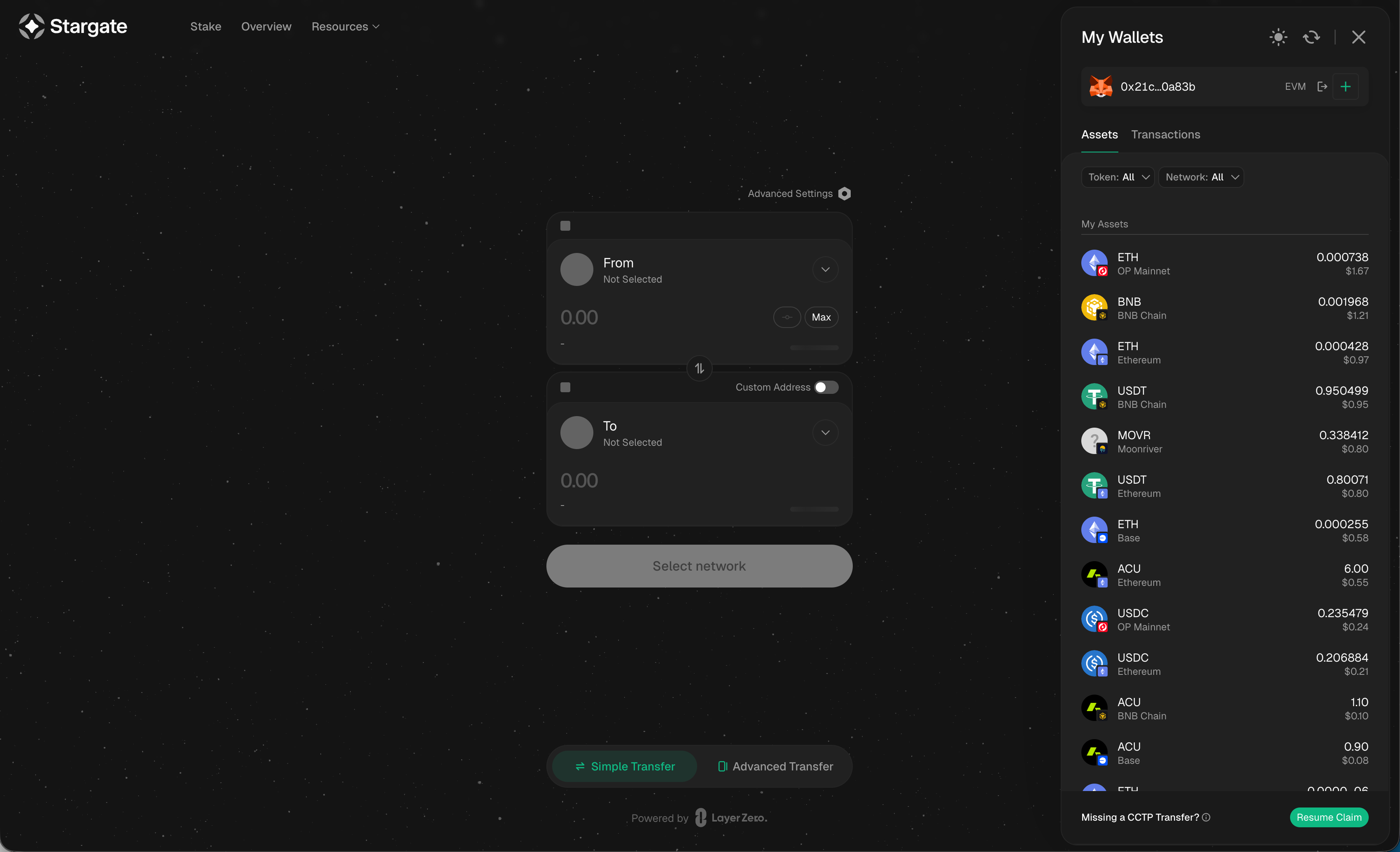 Connected wallet showing ACU balances per chain