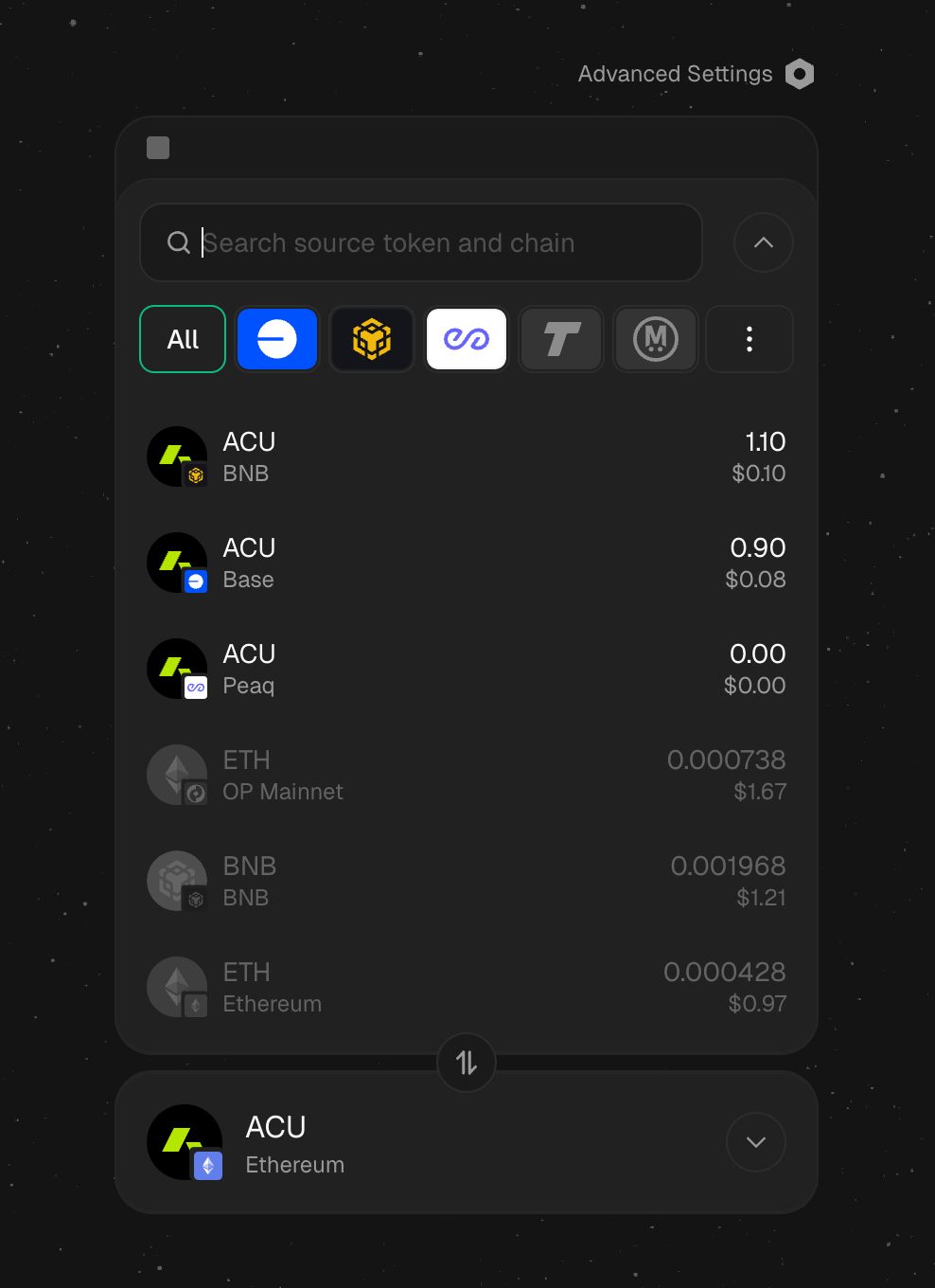 Token and chain selector showing ACU on BNB, Base, Peaq with Ethereum as destination