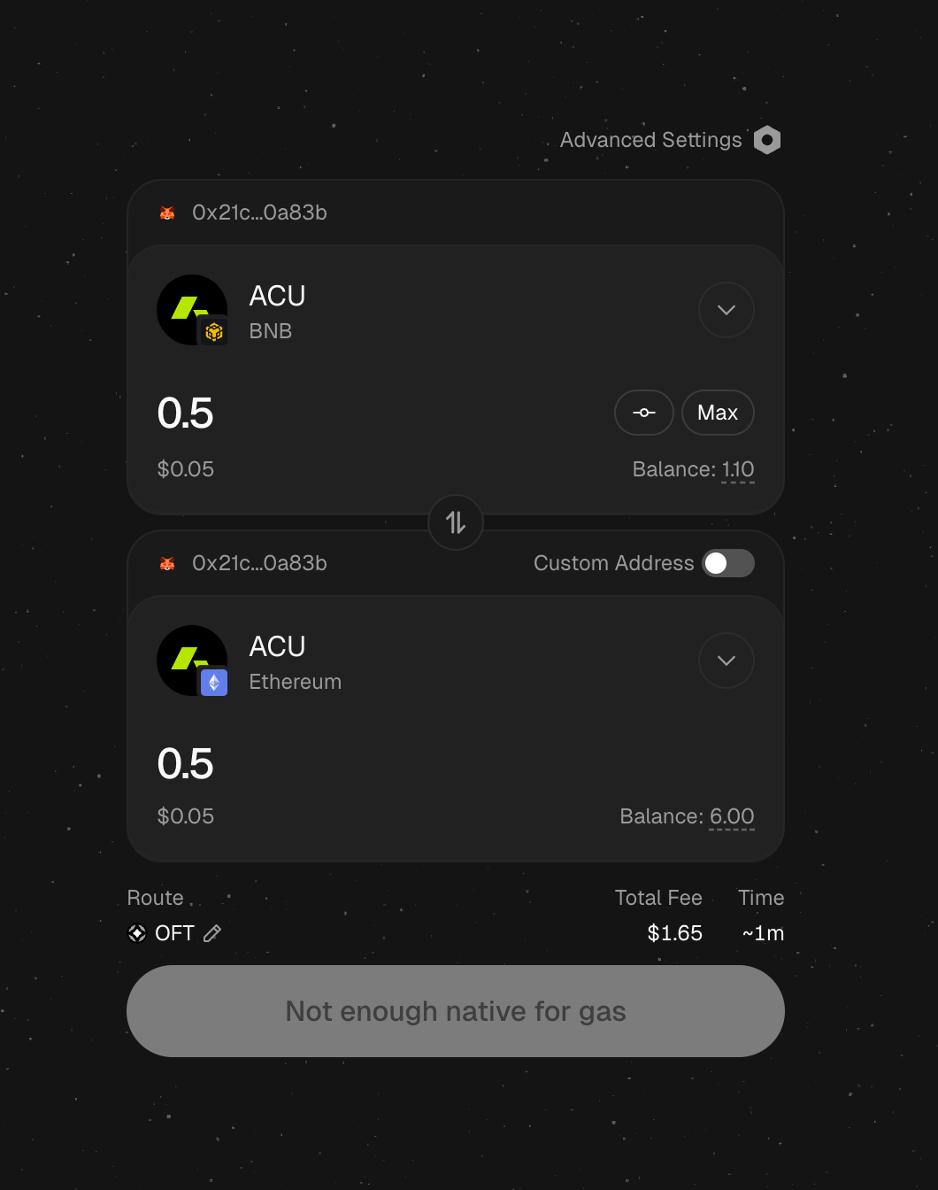 Stargate form filled with 0.5 ACU BNB to Ethereum, missing gas warning