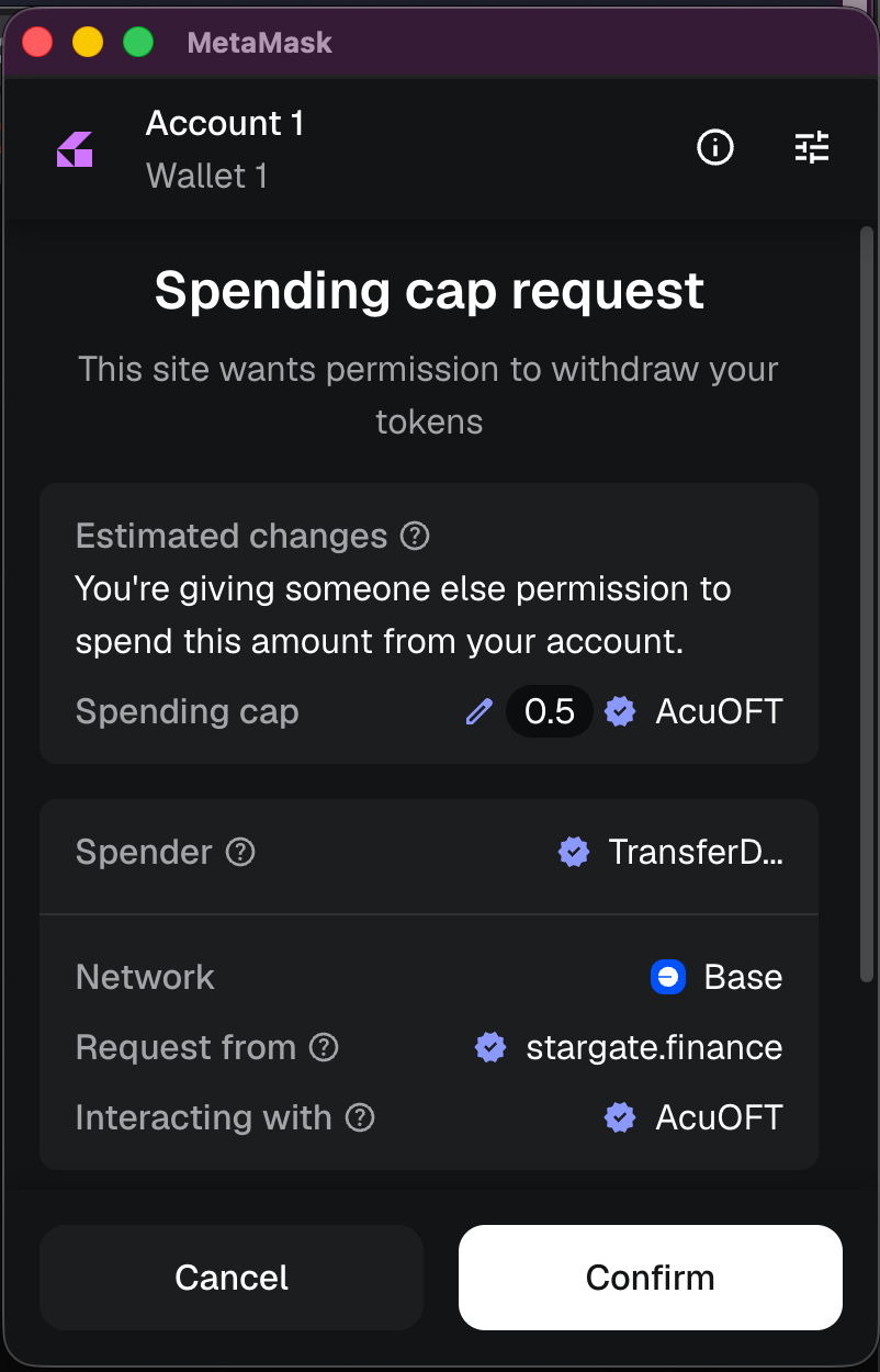 MetaMask spending cap request for AcuOFT on Base