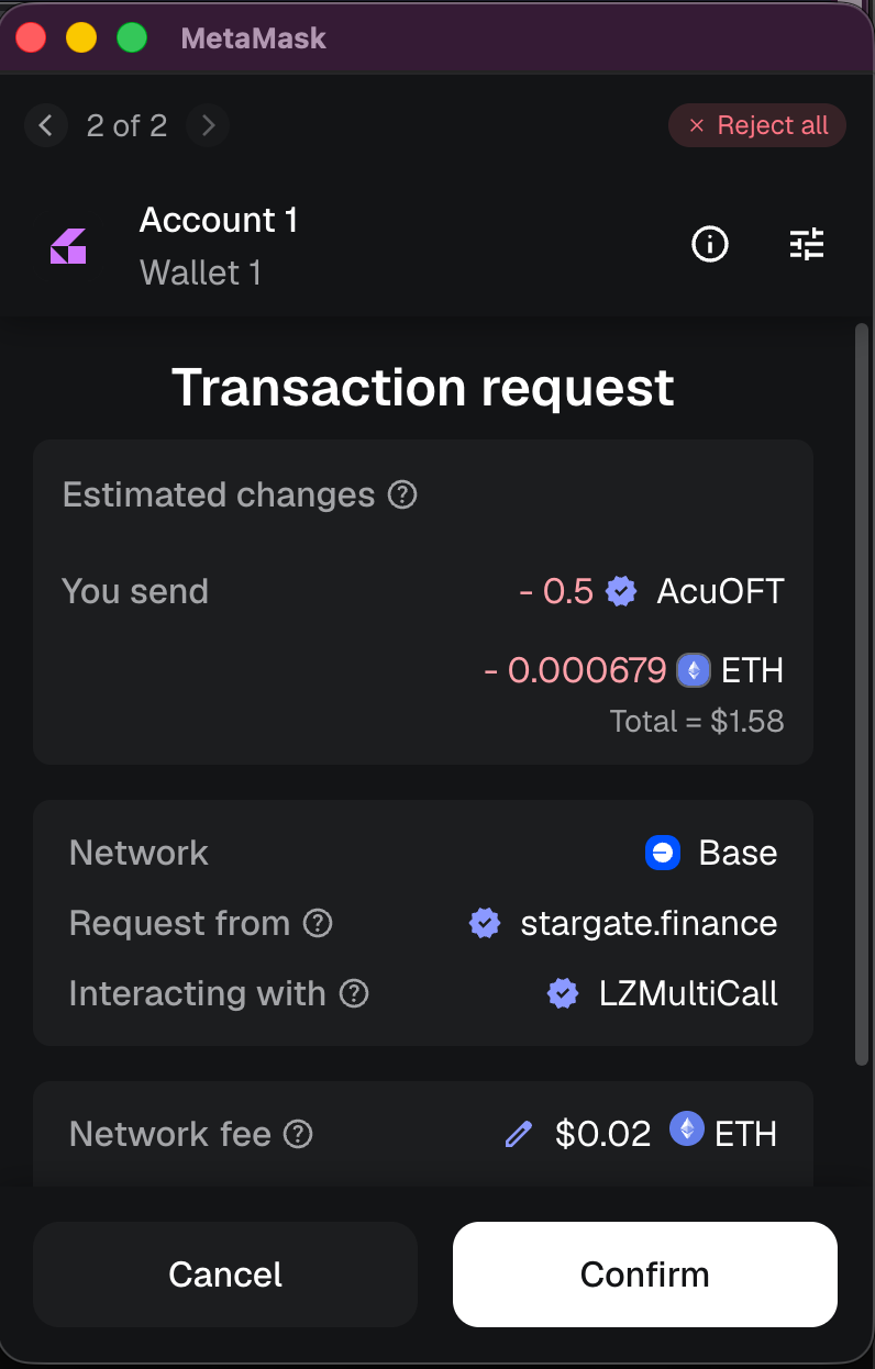 MetaMask transaction request to send AcuOFT via Stargate