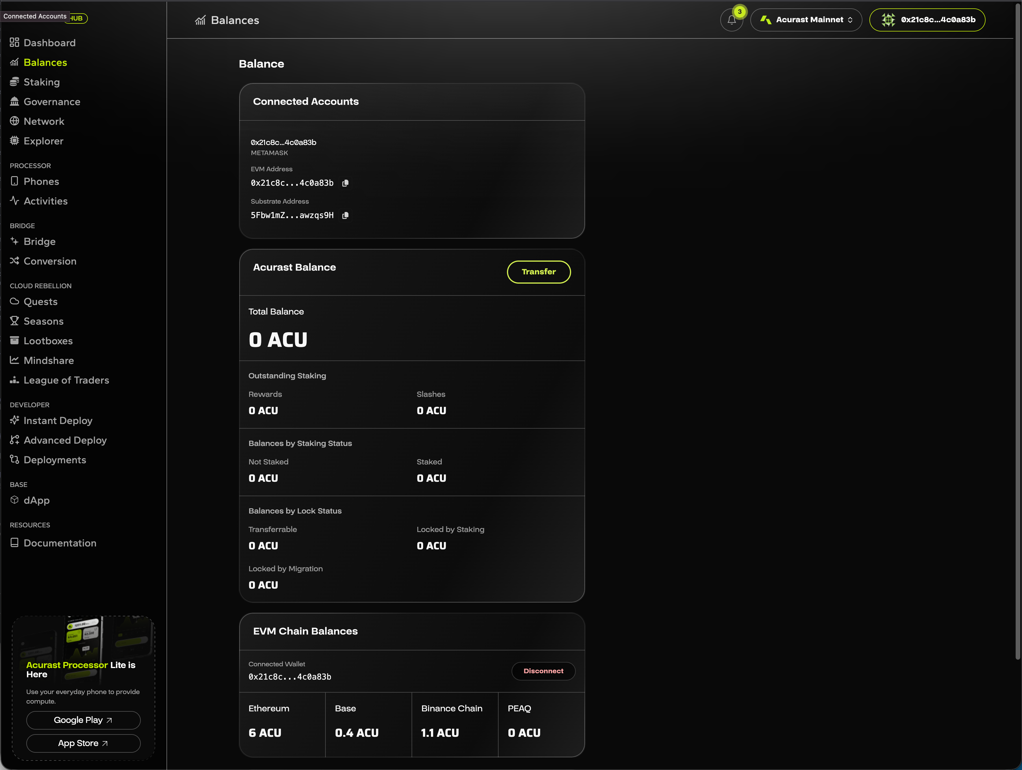 Acurast Hub Balances page showing 0 ACU on mainnet and 6 ACU on Ethereum