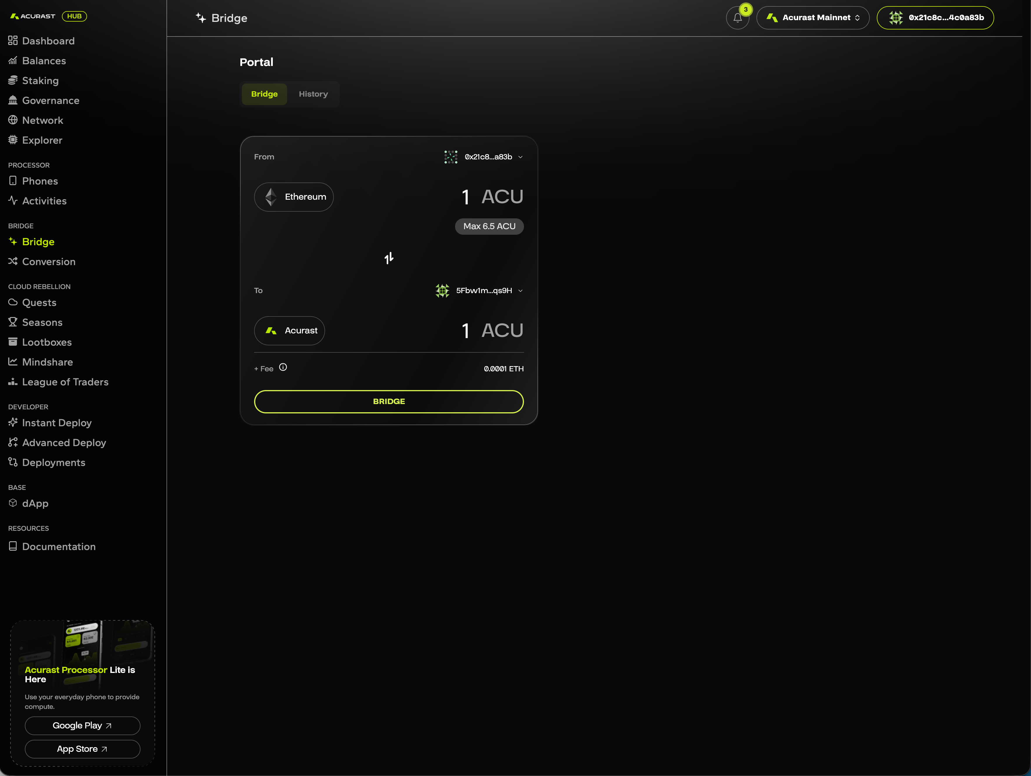 HyperDrive bridge form sending 1 ACU from Ethereum to Acurast