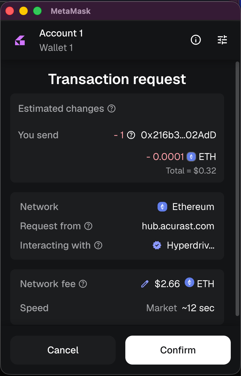 MetaMask transaction request to Hyperdrive contract from hub.acurast.com