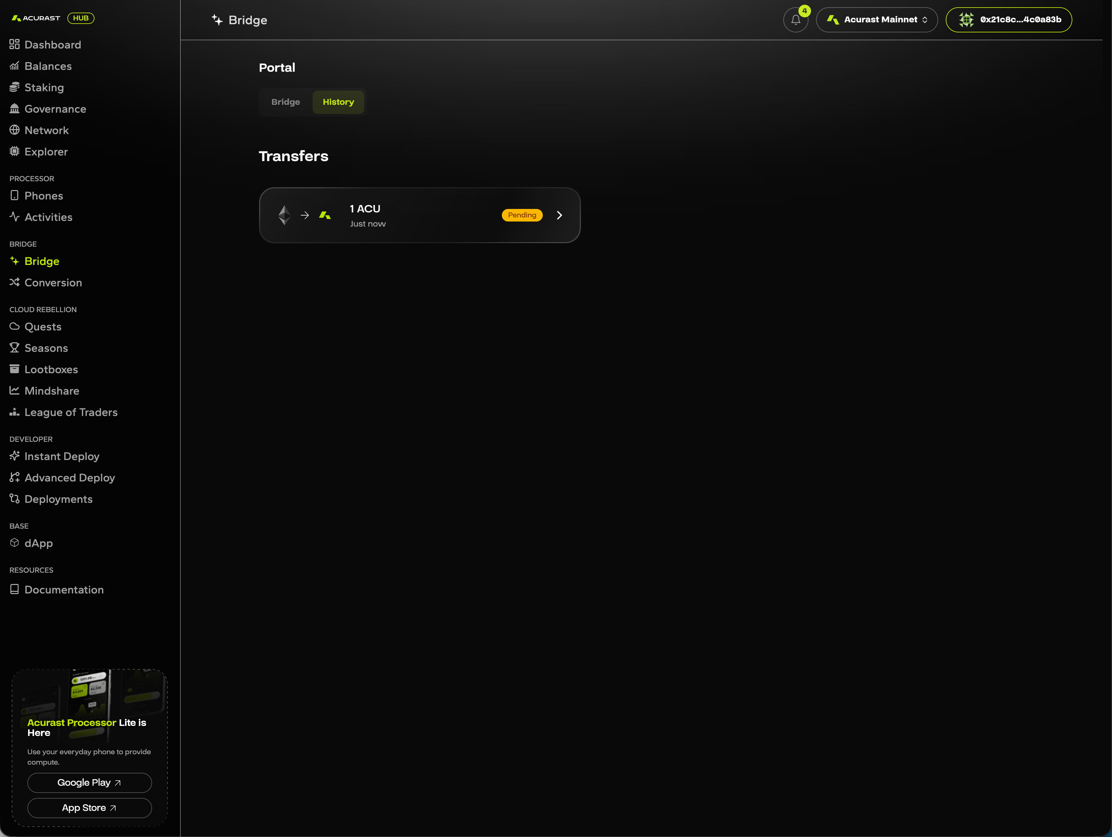 Bridge history showing 1 ACU pending transfer