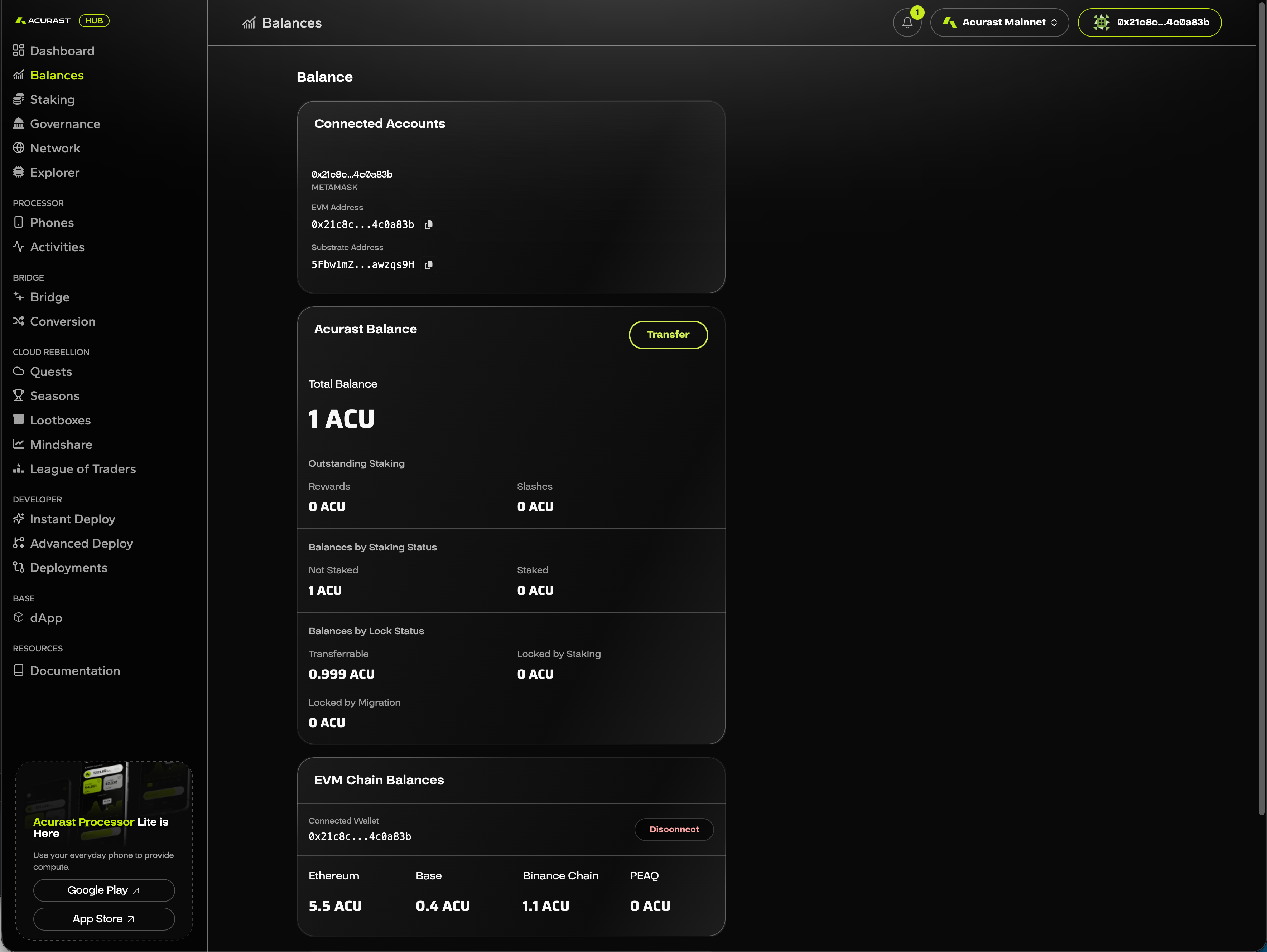 Acurast Hub Balances showing 1 ACU on Acurast Mainnet after bridging